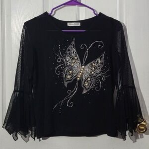 Black Vintage Bedazzled Butterfly Shirt